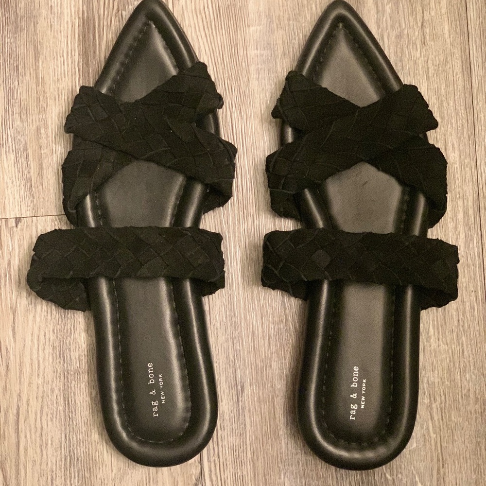 Rag & Bone Lewis Pointed Toe Slide Sandal Black Leather & Genuine Suede